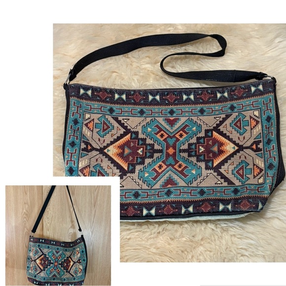 Made in India Large Turquoise / Tan Canvas Textile Patterned Bohemian Tote Bag - Picture 6 of 6